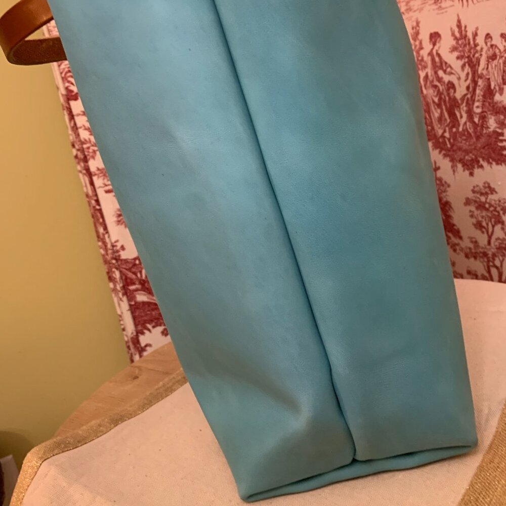 Turquoise Leather Tote with Brown Leather Handles by KMM & Co - Picture 14 of 14